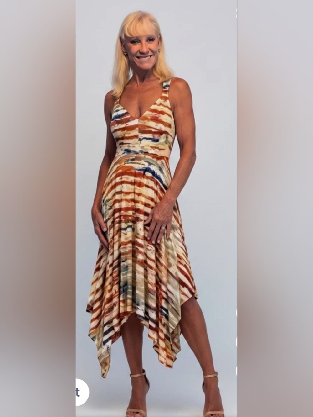 American Rag Hankerchief Hem Dress red gold, blue built in bra L